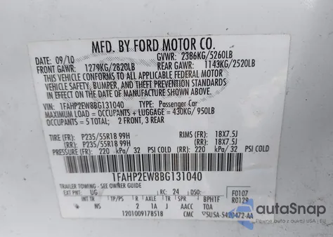 2011 Ford Taurus Sel из США, поврежденный, VIN 1FAHP2EW8BG131040